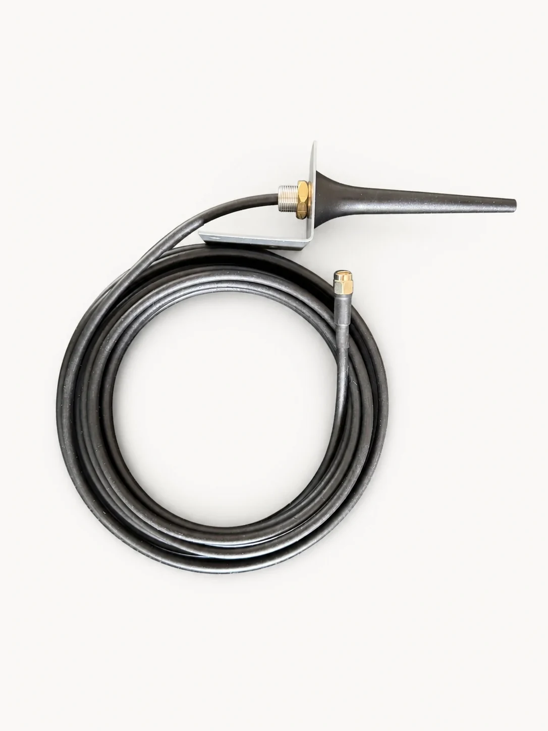 Black CI-MINI-3800 compact wall-mount cellular antenna with metal bracket, coiled cable and SMA connector