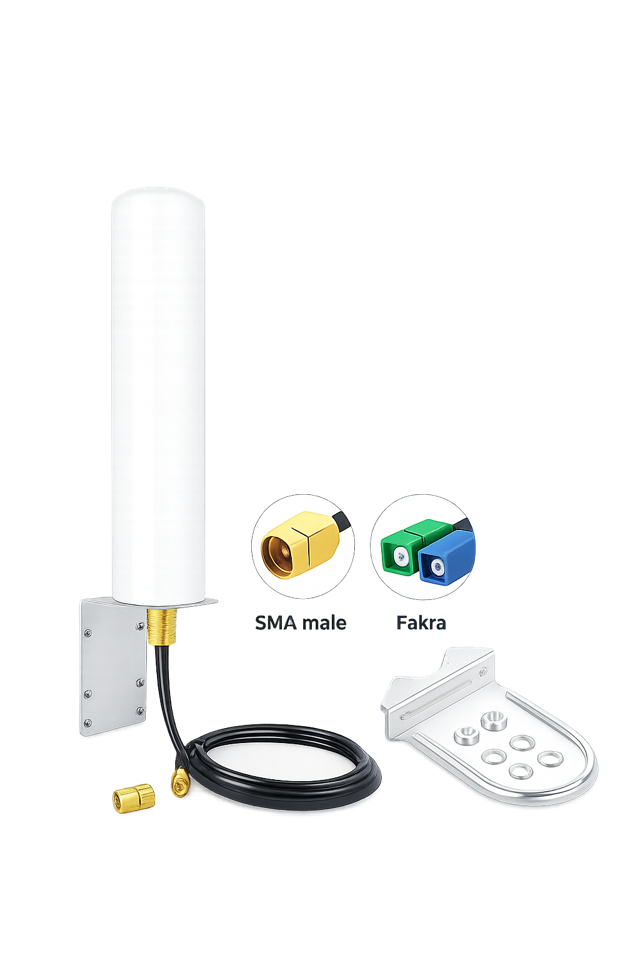 White CI-OMNI-4500-RG58 outdoor 4G and 5G omnidirectional antenna with pole-mount bracket